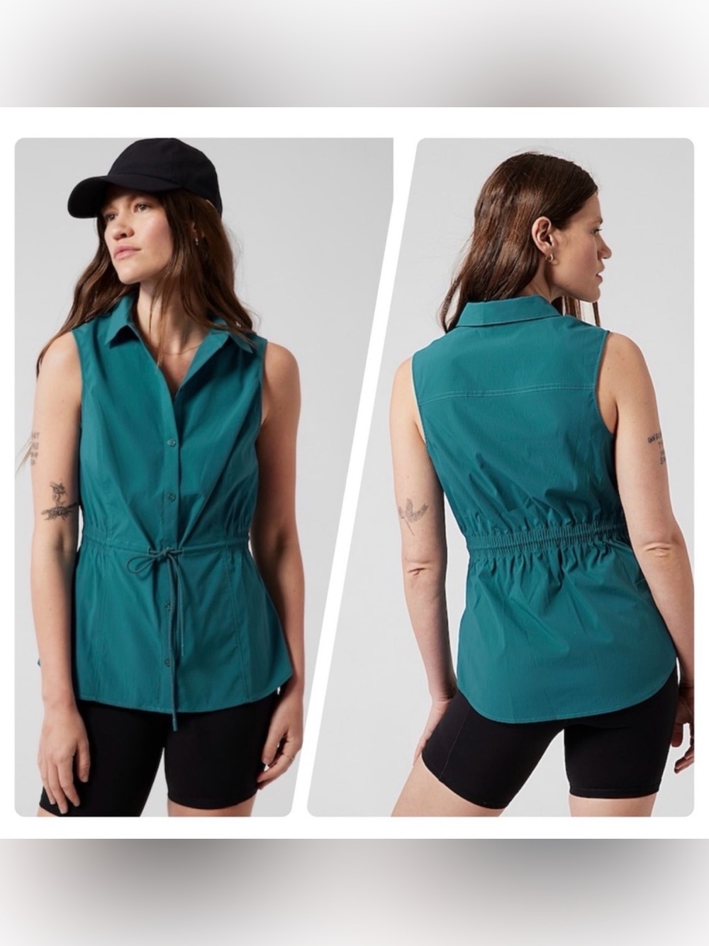 NWT Athleta Levitate Poplin Tank m - Sleeveless Drawstring Shirt Borealis Green